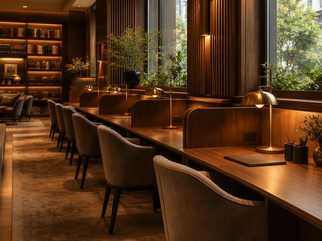 Individual quiet desks with brass lamps and ergonomic chairs